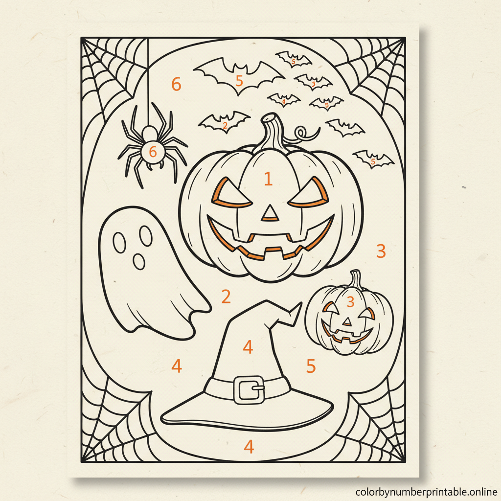 Halloween color by number printable with jack-o’-lantern and ghost designs, playful orange-black color scheme, and spooky-but-friendly outline style